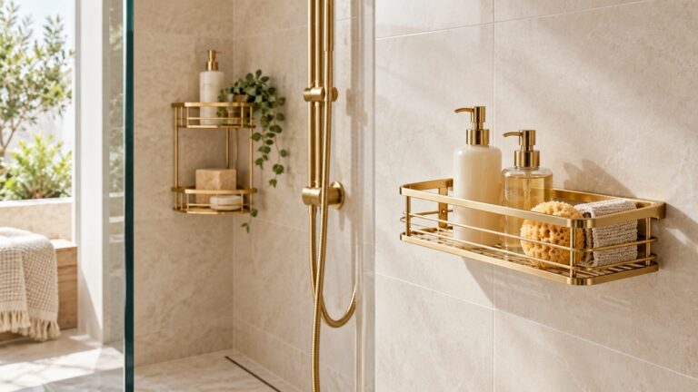 Brushed gold shower racks hold simple bath essentials in a bright tiled shower.