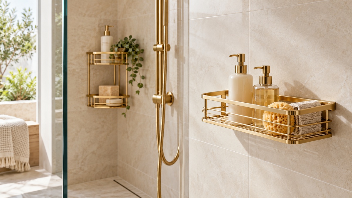 Brushed gold shower racks hold simple bath essentials in a bright tiled shower.