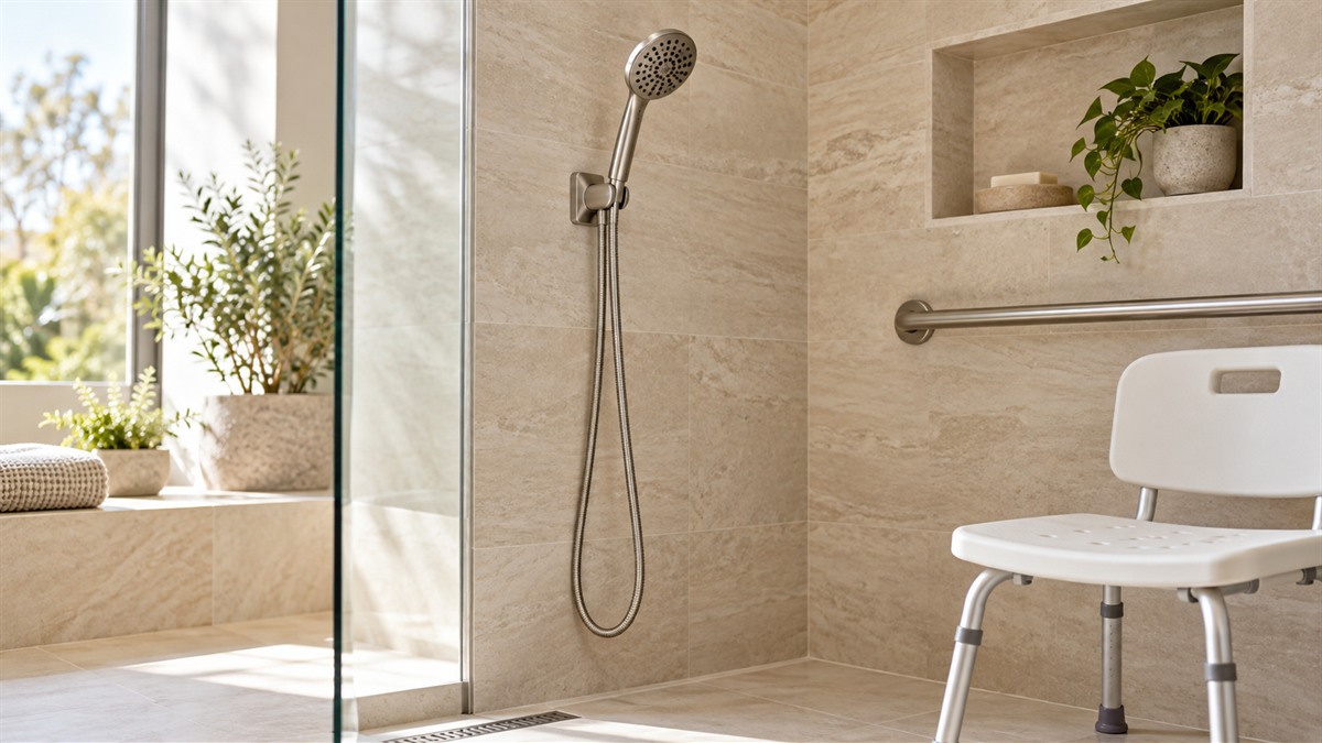 A brushed nickel handheld shower head on a wall bracket beside a shower chair, with its stainless hose hanging down to the seat.