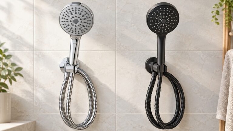 Two generic handheld showerhead kits with different head and hose designs against neutral tile.