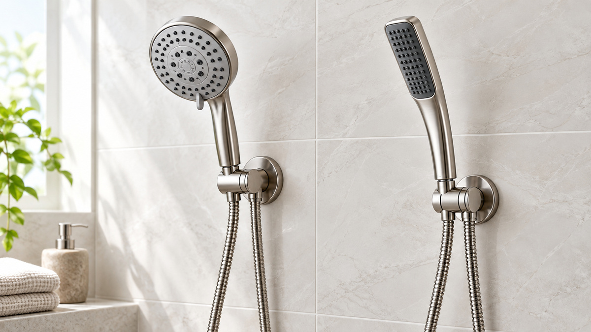 Side-by-side view of the Veken and MakeFit handheld showerheads products on a neutral background, emphasizing visible differences in size and configuration.