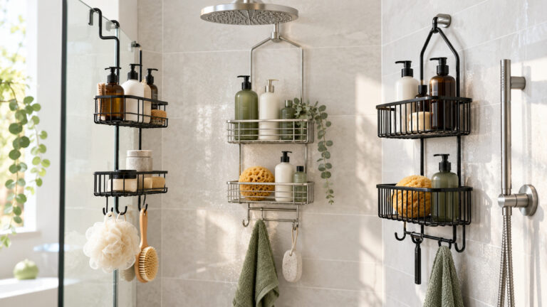 Several hanging shower caddies are displayed in a clean bright tiled shower.