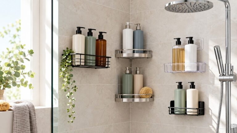 A bright shower corner showing different shampoo holder styles holding tall bottles.