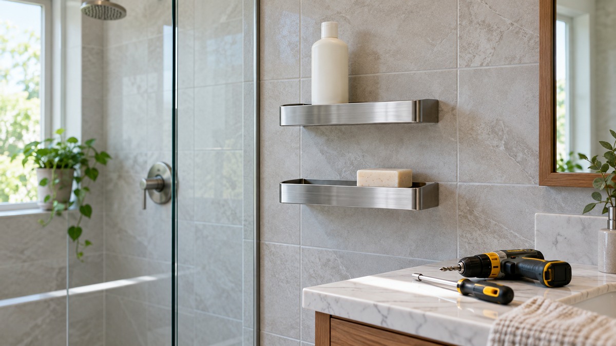 Two brushed stainless steel floating shower shelves mounted on a tiled bathroom wall, holding a bottle of shampoo and a bar of soap, with a drill and screwdriver on the vanity below.