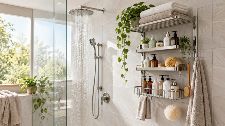 Large multi-tier shower rack in a bright tiled walk-in shower.