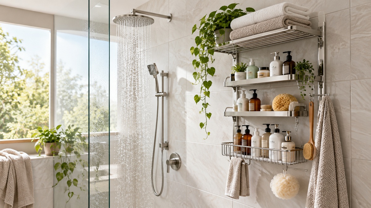 Large multi-tier shower rack in a bright tiled walk-in shower.