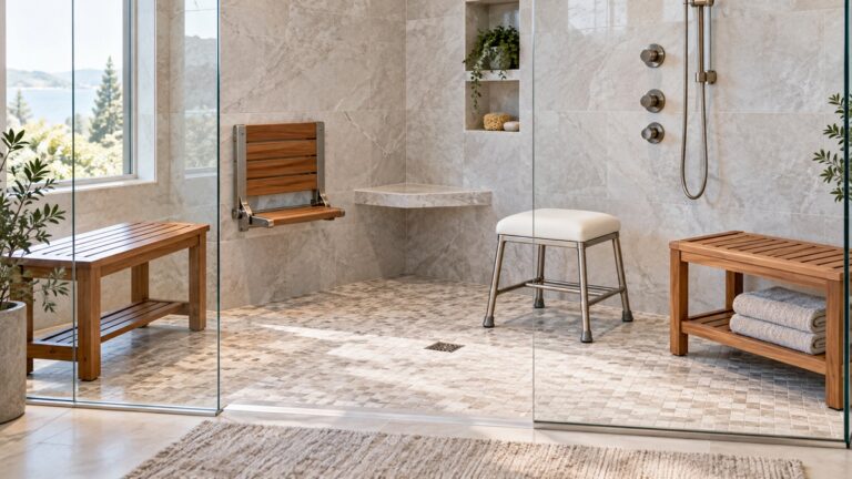 Five luxury shower seating configurations displayed in a bright stone-tiled shower.