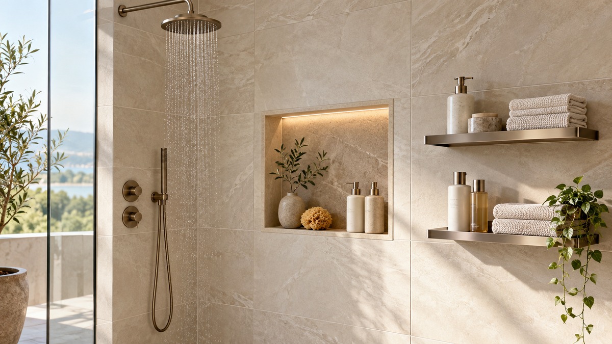 Best Luxury Shower Shelves options arranged in a clean tiled shower.
