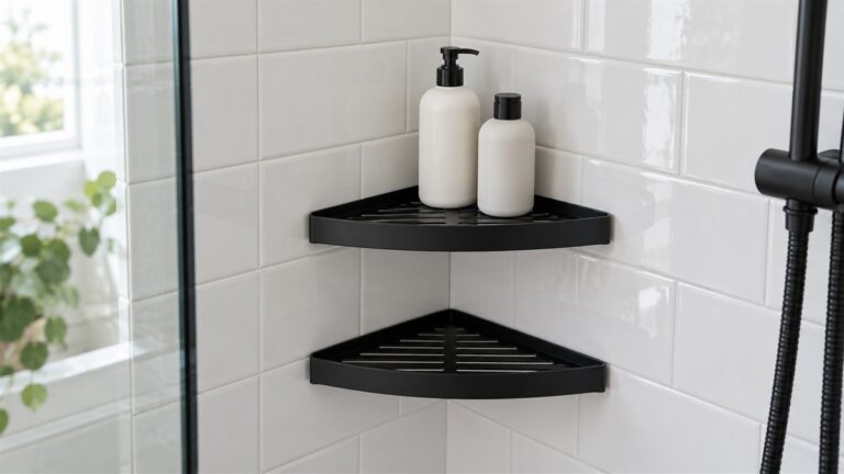 A black triangular corner shelf mounted in a white tiled shower corner, with two bottles on the top tier.