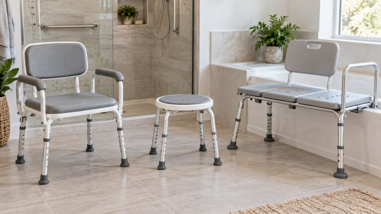 Three generic shower safety seating options arranged in a bright neutral bathroom.