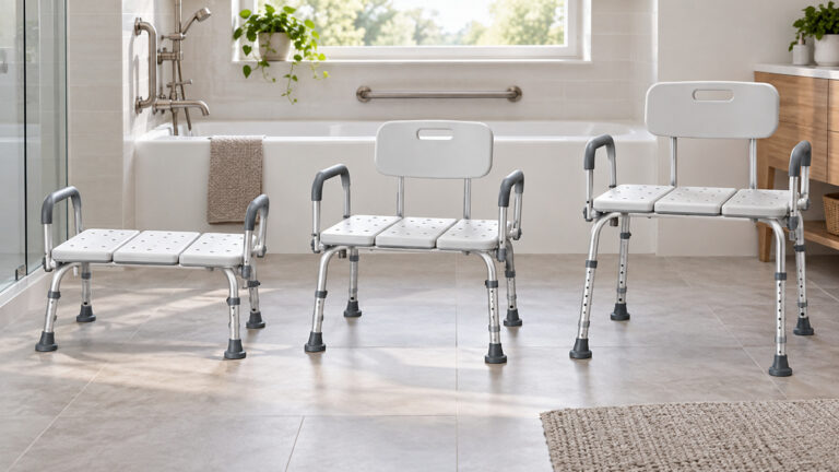 A generic adjustable bathtub transfer bench shown in several configurations.