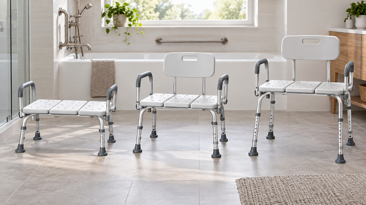 A generic adjustable bathtub transfer bench shown in several configurations.