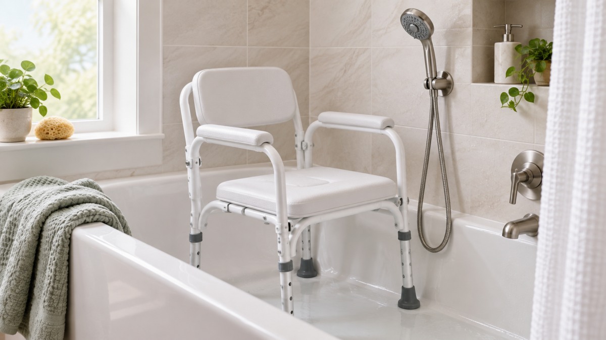 A white aluminum shower chair with padded armrests and a contoured back, set inside a bathtub beside a folded towel and a hand-held shower.