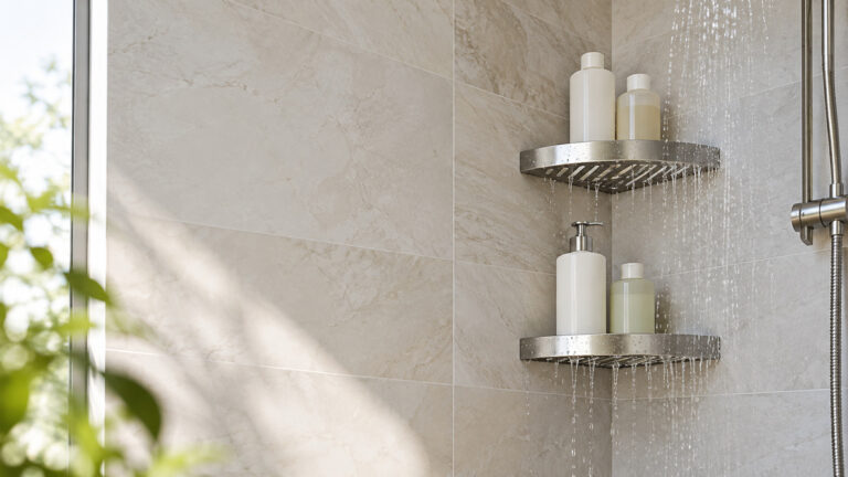 A bright shower corner showing two metal triangular shelves holding shampoo bottles with water draining through slots.