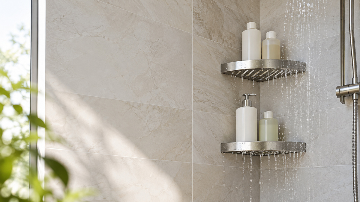 A bright shower corner showing two metal triangular shelves holding shampoo bottles with water draining through slots.