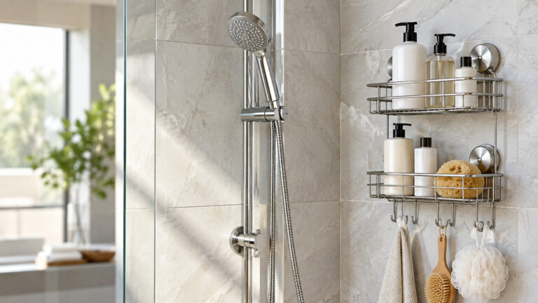A clean shower corner showing a metal rack with shampoo bottles and hooks.