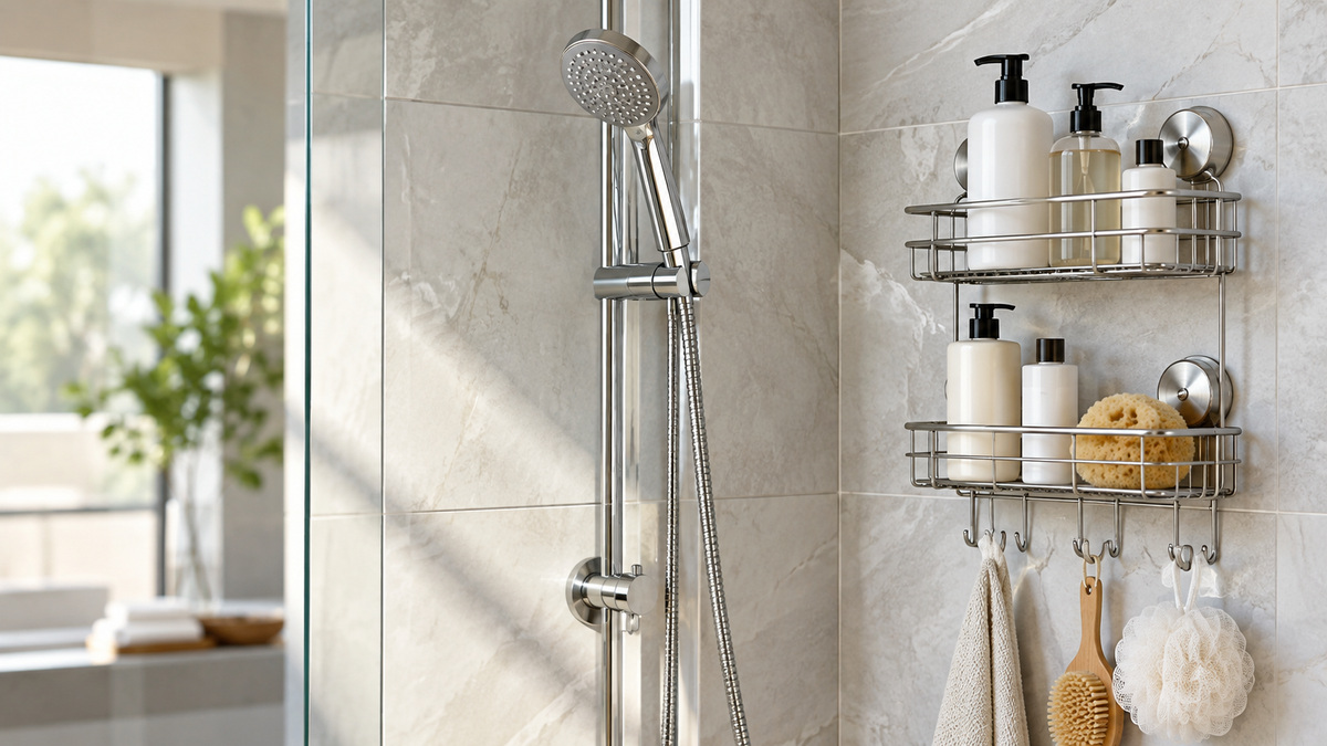 A clean shower corner showing a metal rack with shampoo bottles and hooks.
