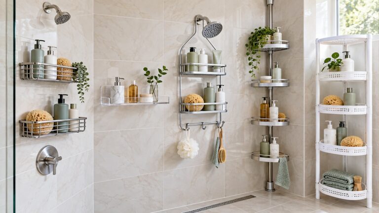 Non-rusting shower shelf options arranged in a tiled shower corner.