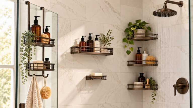Oil-rubbed bronze shower shelves are arranged in a bright tiled shower.