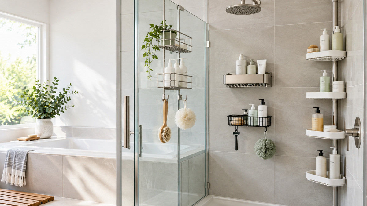 Multiple shower organizers mounted around a bright glass enclosure.