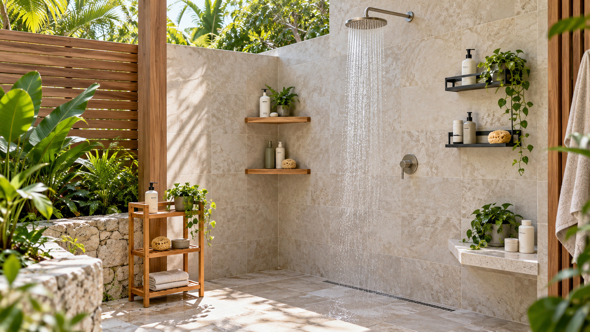 Outdoor shower shelf options arranged in a clean tiled garden shower.