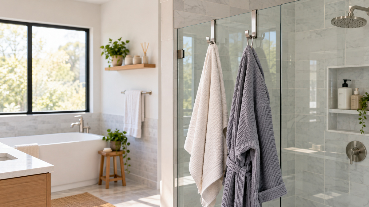 A frameless glass shower door with two stainless over-door hooks holding a towel and robe in a bright bathroom.