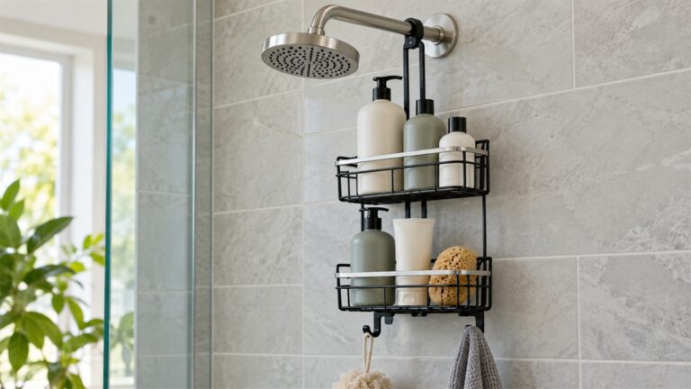 A black and silver caddy hanging from a showerhead arm above a tiled shower, with bottles in its baskets.