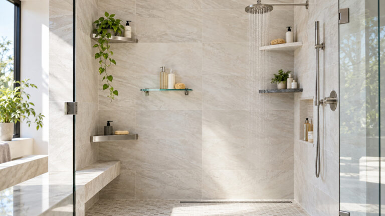 Permanent shower shelf options installed across a bright modern walk-in shower.