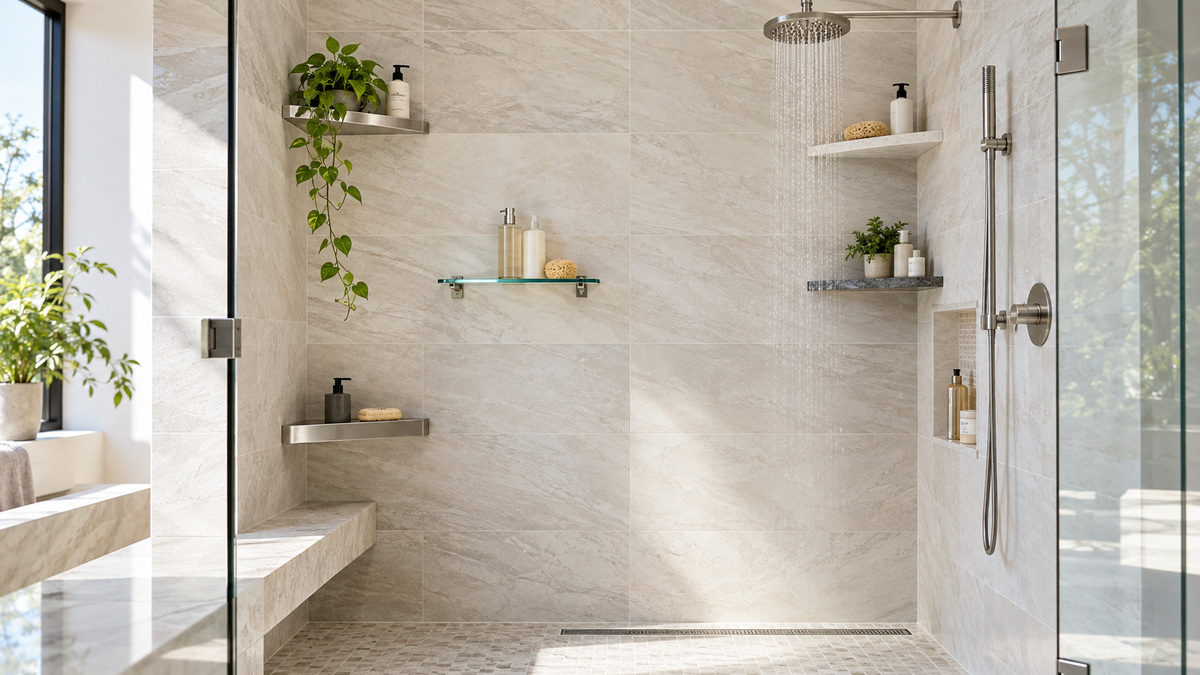 Permanent shower shelf options installed across a bright modern walk-in shower.