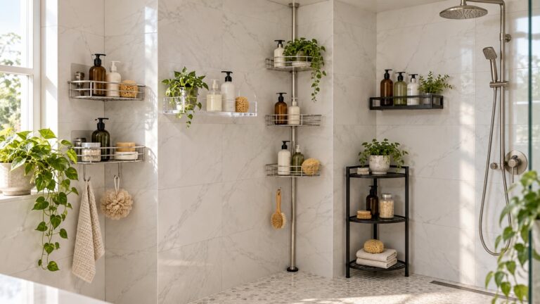 Rust-proof corner shower shelf styles in a bright tiled shower.