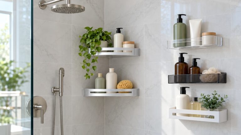Several self-adhesive shelves hold plain bath containers on smooth shower tile.