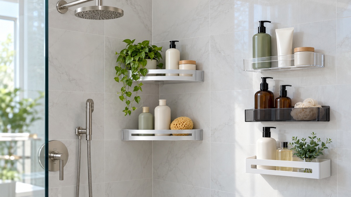 Several self-adhesive shelves hold plain bath containers on smooth shower tile.