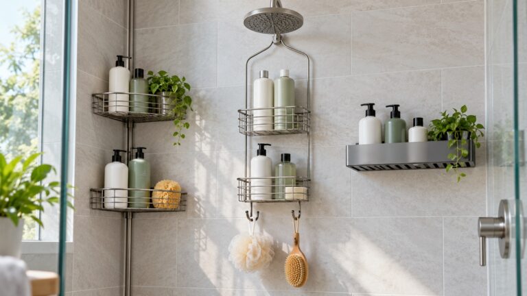 Corner, hanging, and wall-mounted shampoo racks hold plain bottles in a tiled shower.