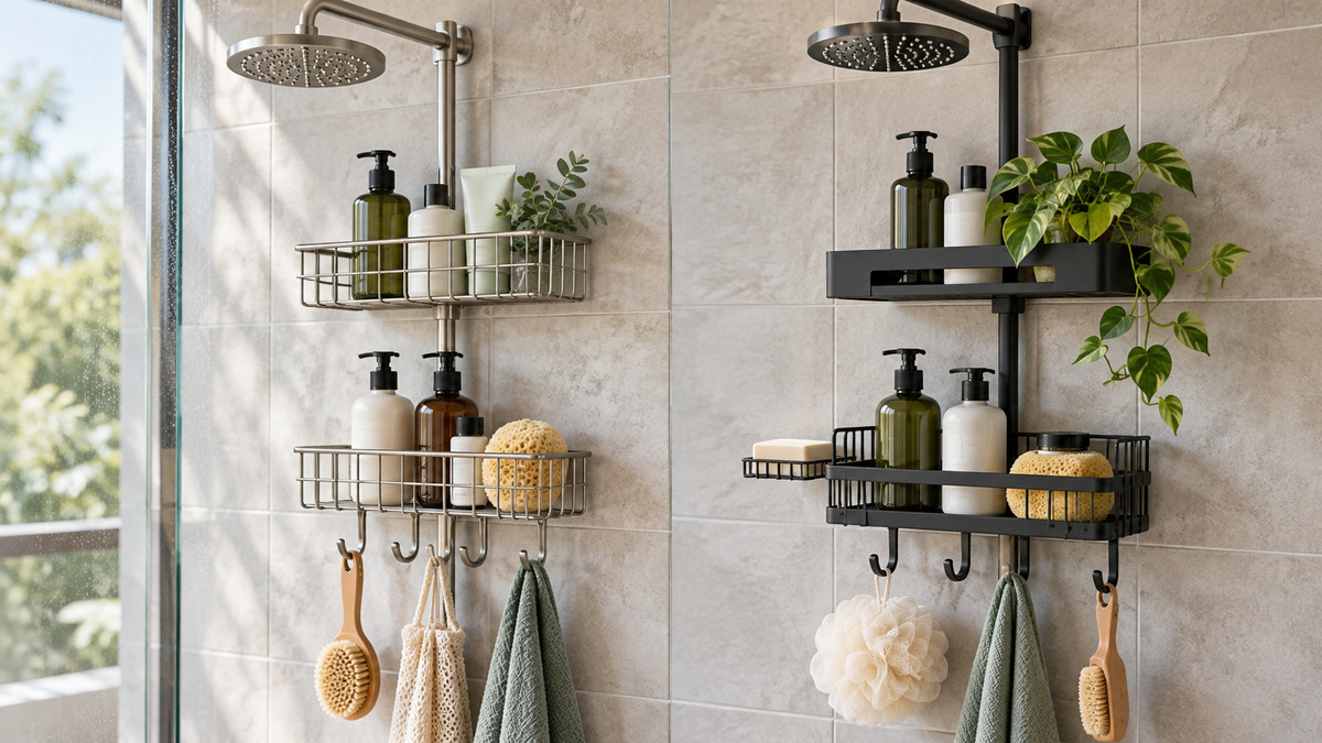Editorial comparison scene featuring generic shower accessories eudele options in natural light.