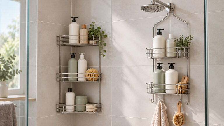 A corner shower caddy and hanging shower organizer in a tiled shower.