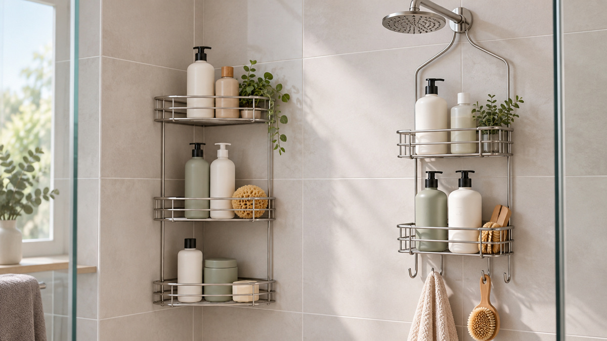 A corner shower caddy and hanging shower organizer in a tiled shower.
