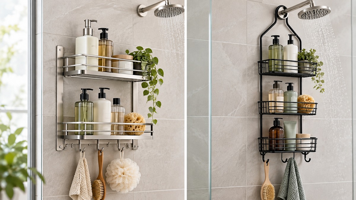 Two generic shower organizer systems with different shelves and hooks on clean tile.