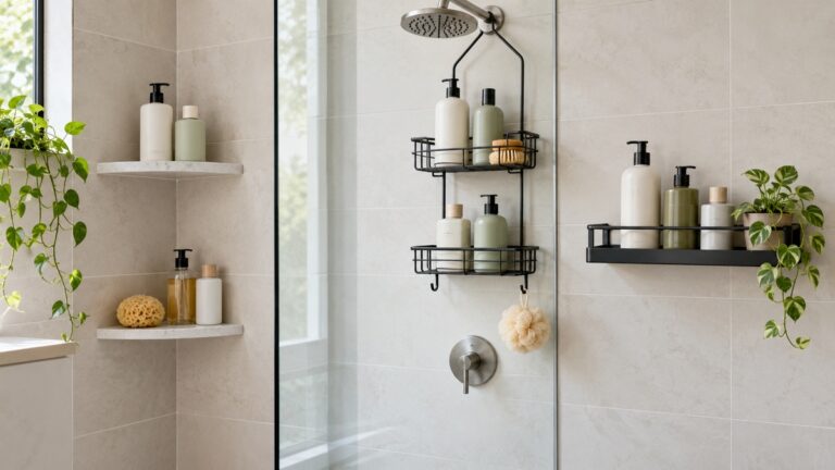 Several shower shelf styles hold plain bath containers in a clean tiled shower.