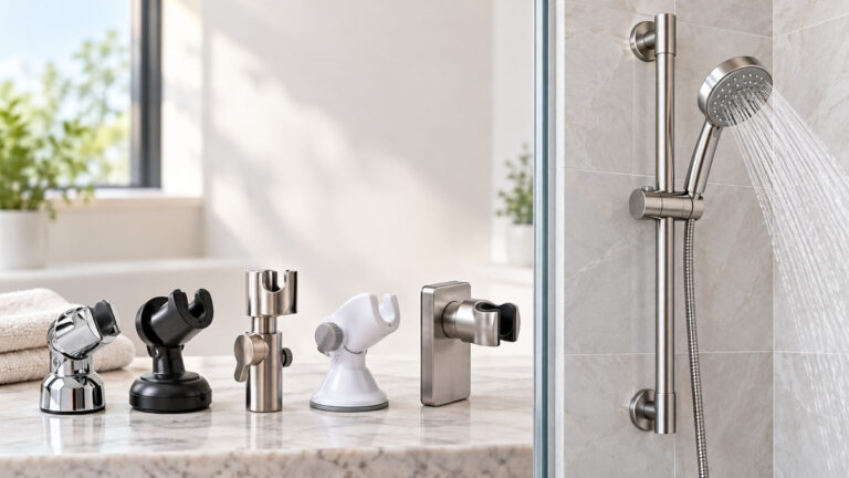 Adjustable shower head holders displayed beside a clean shower slide bar.