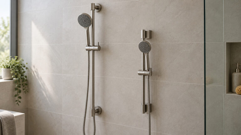 A clean editorial comparison scene showing generic shower arms slide bars offo and kes options side by side.