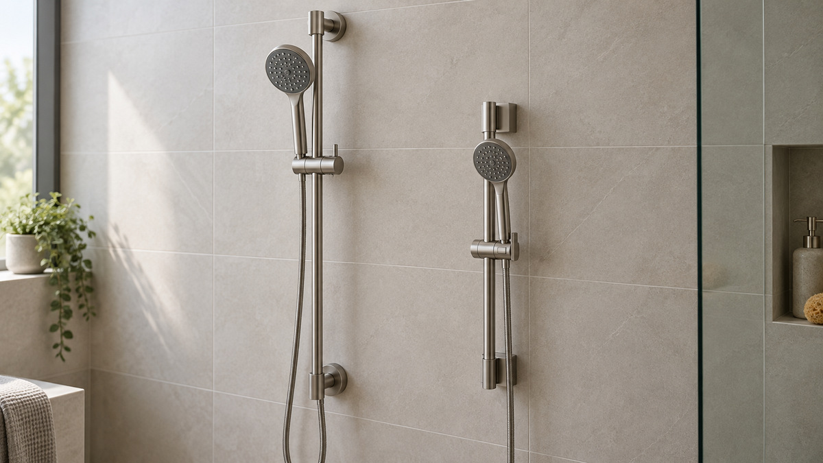 A clean editorial comparison scene showing generic shower arms slide bars offo and kes options side by side.