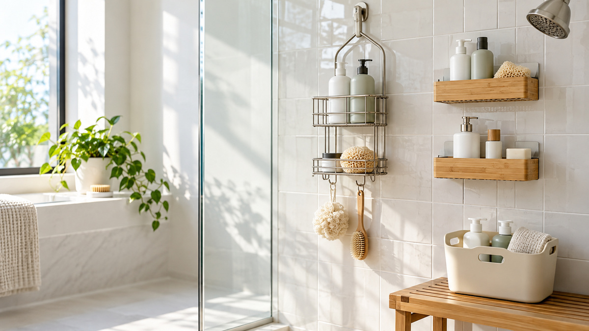 A bright tiled shower wall with adhesive baskets, a hanging caddy, and a portable tote on a bench, no people.