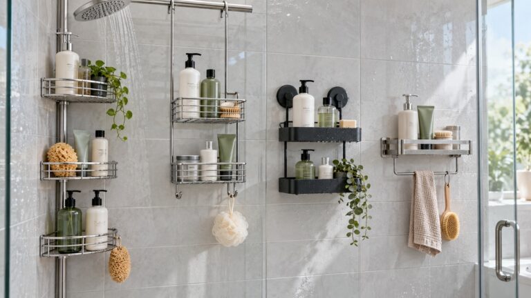 Five corrosion-resistant shower caddy configurations installed on bright tiled walls.
