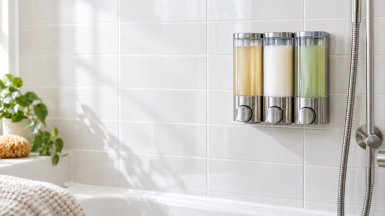 Three wall-mounted shower dispensers with plain, unlabelled chambers on a tiled shower wall.