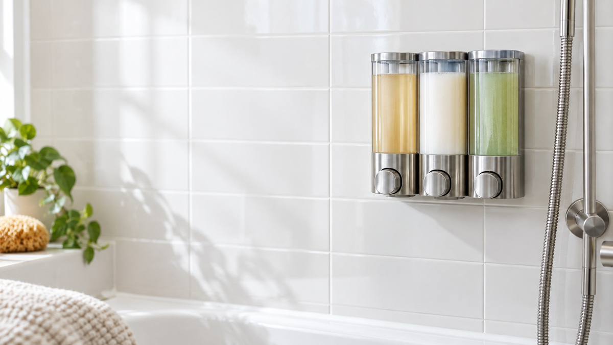 Three wall-mounted shower dispensers with plain, unlabelled chambers on a tiled shower wall.