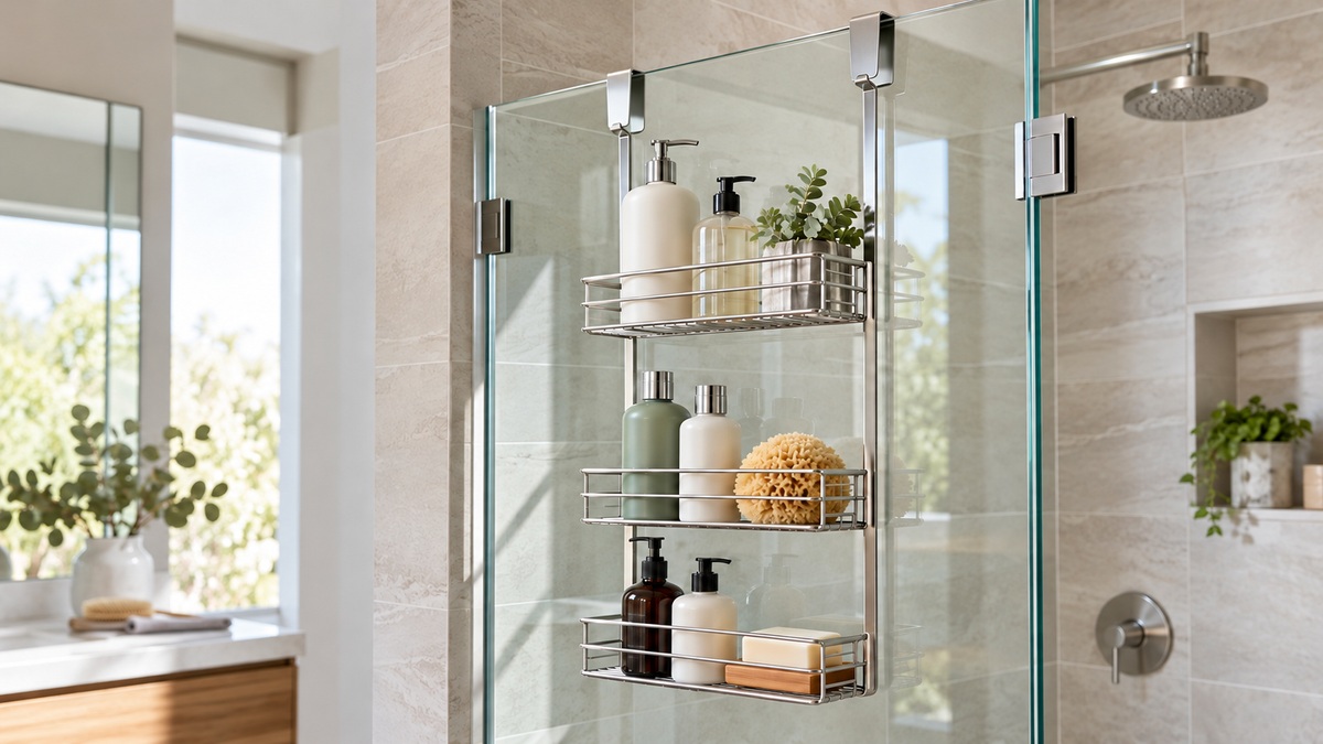 An over-door shower shelf organizer holds plain toiletries on a glass shower door.