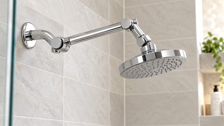 A chrome shower arm extension screwed onto a wall arm, with a showerhead attached above a tiled shower.