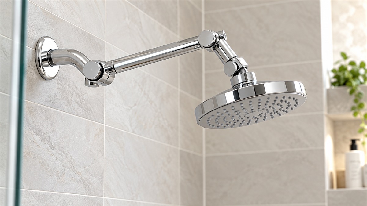 A chrome shower arm extension screwed onto a wall arm, with a showerhead attached above a tiled shower.