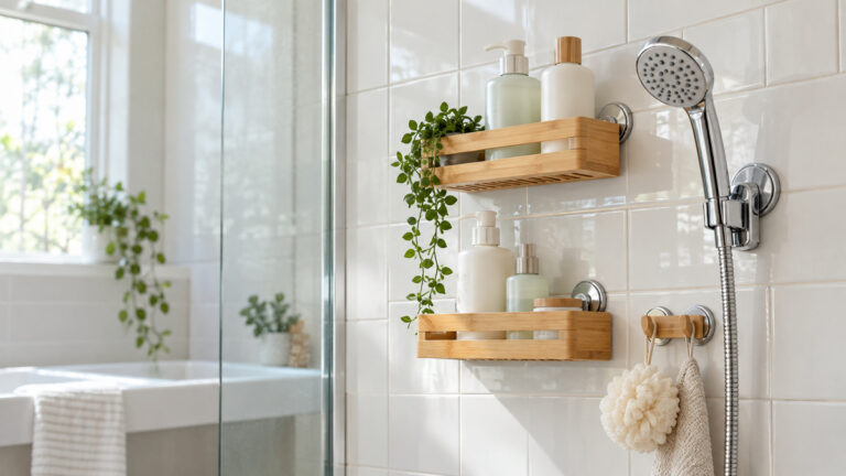 A close view of suction-mounted shower head holders and hooks on glossy tile with a handheld wand docked.
