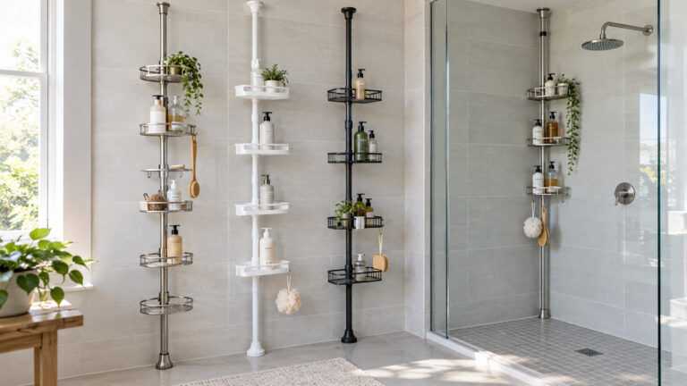 Several shower organiser pole options displayed beside a clean tiled shower.